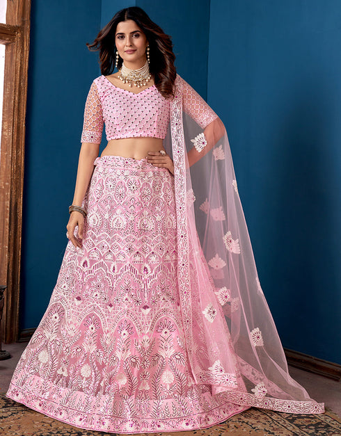 Designer Traditional Wedding Wear Lehenga Choli Pink Net Lehenga Choli Front View