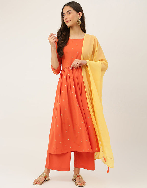 Designer Party Wear Readymade Long Kurti Dupatta Collection Orange Poly Crepe Straight Front View