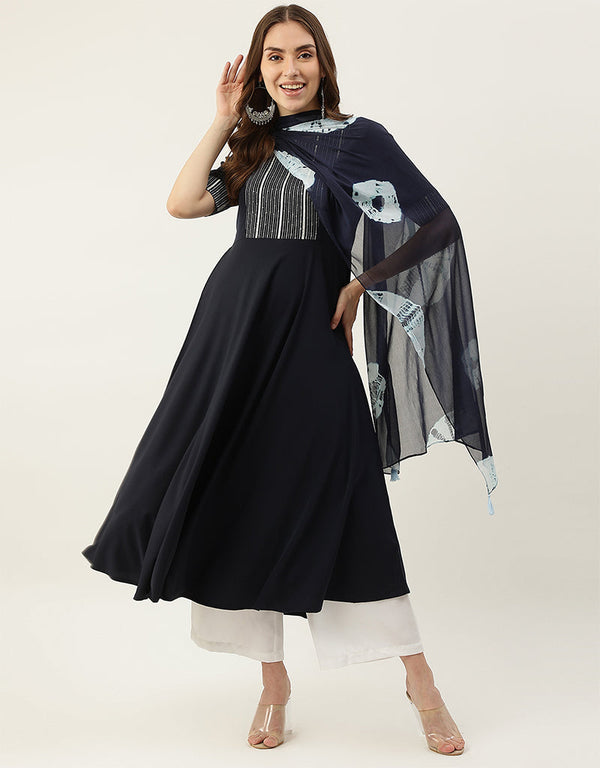 Designer Party Wear Readymade Long Kurti Dupatta Collection Blue Poly Crepe Straight Front View