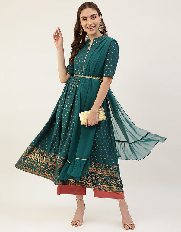 Designer Party Wear Readymade Long Kurti Dupatta Collection Teal Blue Poly Crepe Straight Front View