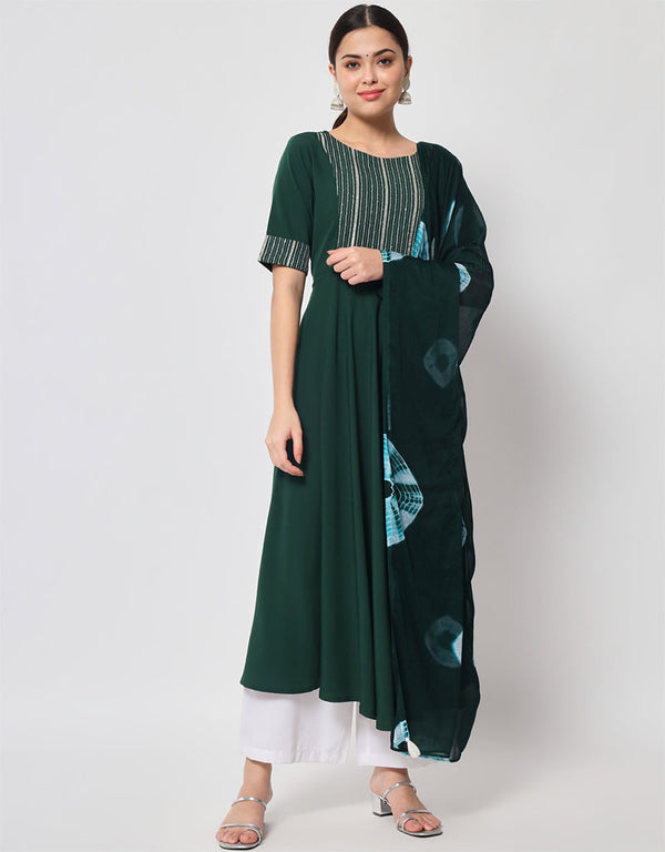 Designer Party Wear Readymade Long Kurti Dupatta Collection Green Poly Crepe Straight Front View