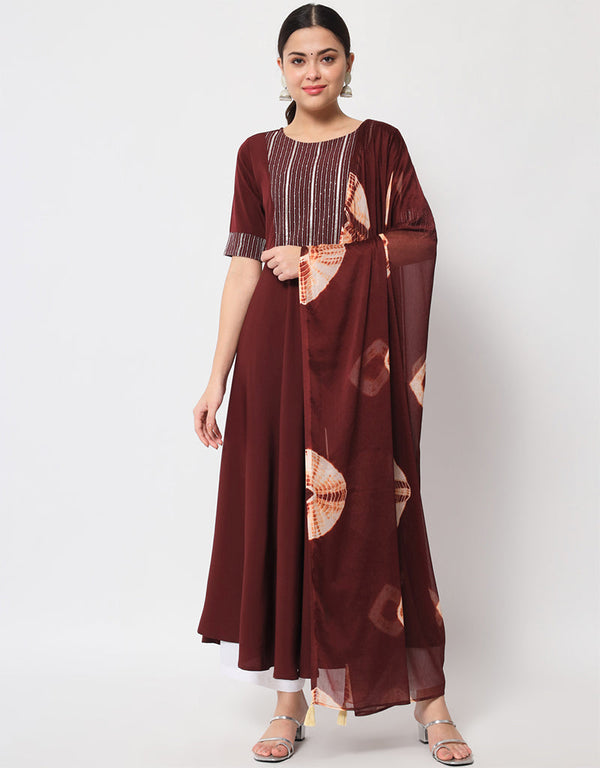 Designer Party Wear Readymade Long Kurti Dupatta Collection Wine Poly Crepe Straight Front View