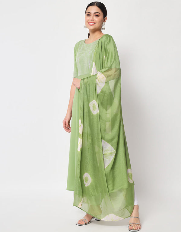 Designer Party Wear Readymade Long Kurti Dupatta Collection Pista Poly Crepe Straight Front View