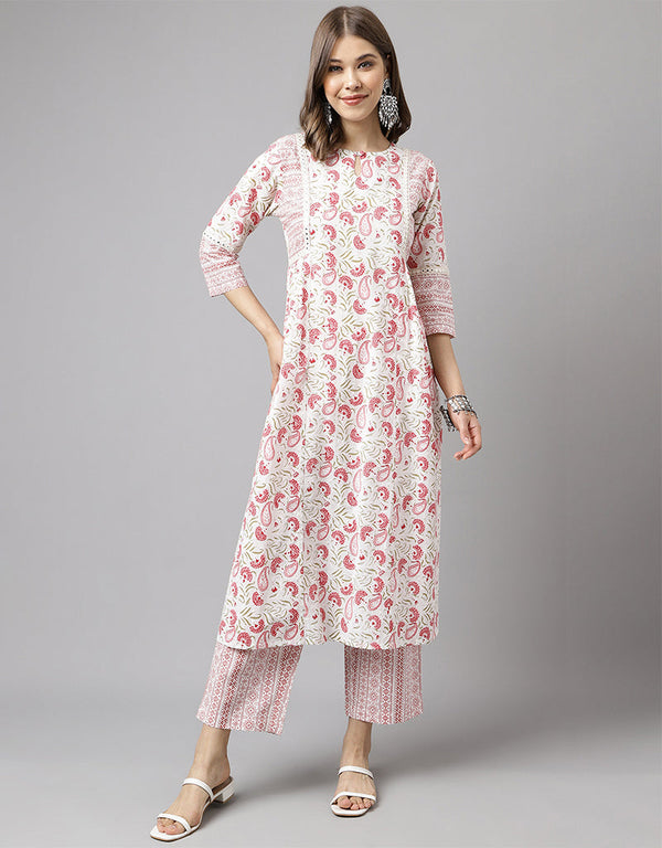 Trendy Designer Party Wear Readymade Salwar Suit White Cotton Pant Straight Front View