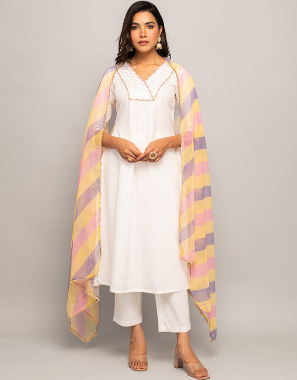 Trendy Designer Party Wear Readymade Salwar Suit White Cotton Pant Straight Front View