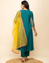 Trendy Designer Party Wear Readymade Salwar Suit Teal Crepe Pant Straight Close-up View