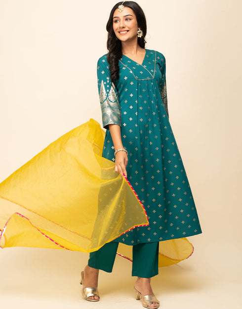 Trendy Designer Party Wear Readymade Salwar Suit Teal Crepe Pant Straight Side View