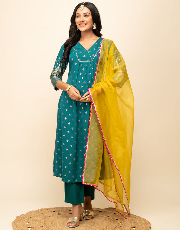 Trendy Designer Party Wear Readymade Salwar Suit Teal Crepe Pant Straight Front View