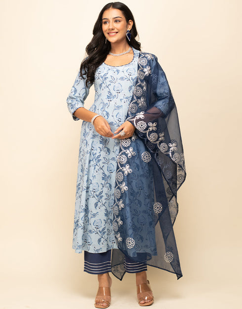 Trendy Designer Party Wear Readymade Salwar Suit Sky Blue Cotton Pant Straight Front View