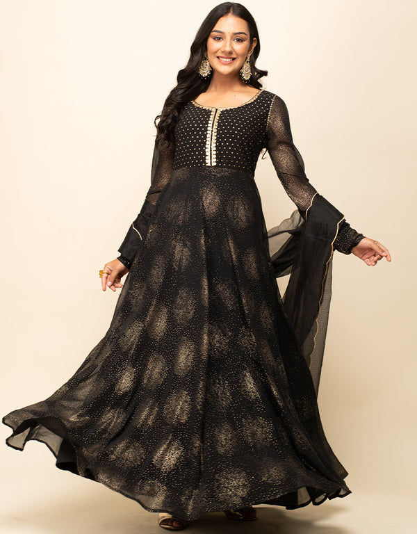 Designer Party Wear Readymade Gown Dupatta Collection Black Georgette Gown Front View