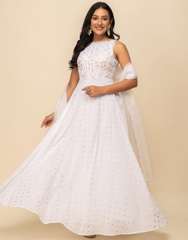 Designer Party Wear Readymade Gown Dupatta Collection White Georgette Gown Front View