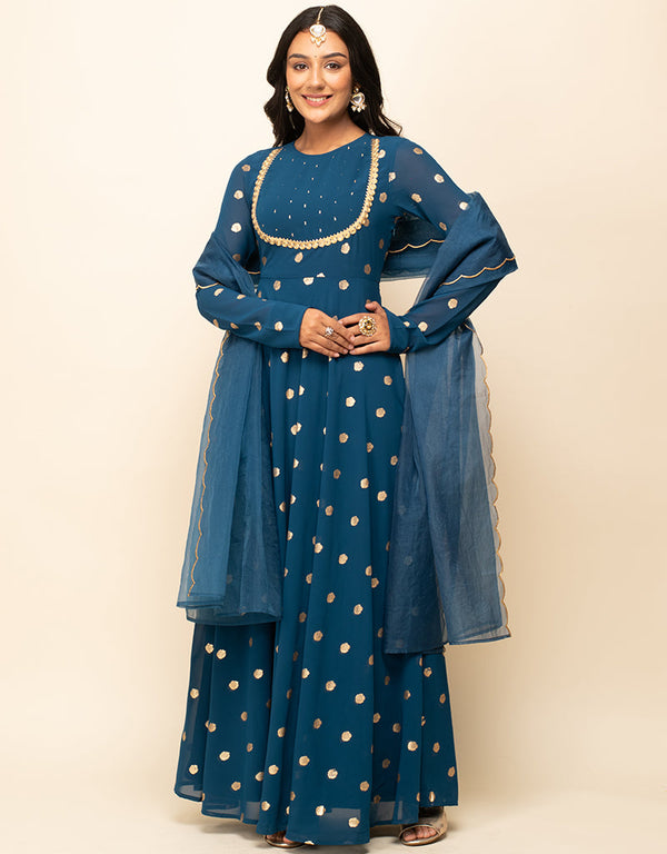 Designer Party Wear Readymade Gown Dupatta Collection Teal Blue Georgette Gown Front View