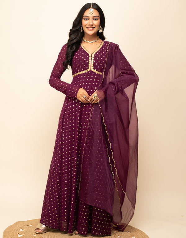 Designer Party Wear Readymade Gown Dupatta Collection Burgundy Georgette Gown Front View