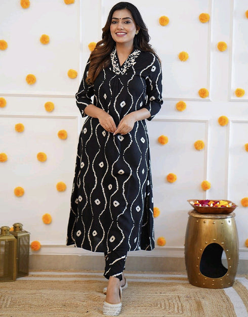 Trendy Designer Party Wear Readymade Salwar Suit Black Rayon Pant Straight Front View