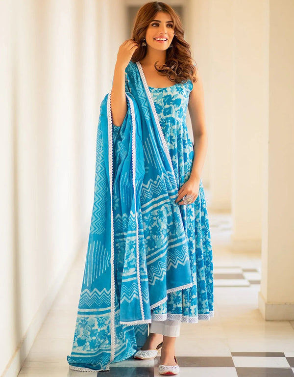 Designer Party Wear Readymade Salwar Suit Sky Blue Cotton Pant Straight Front View