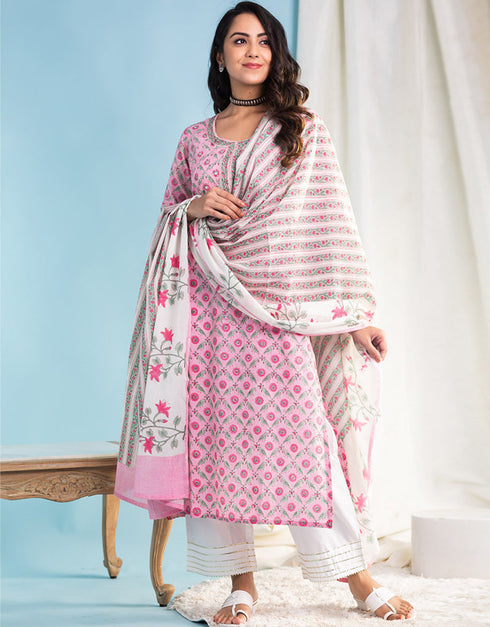 Designer Party Wear Readymade Salwar Suit Pink Cotton Pant Straight Back View