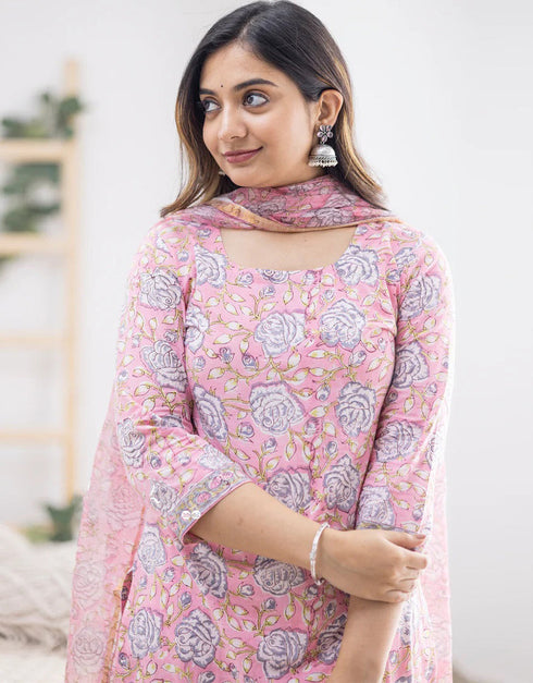 Designer Party Wear Readymade Salwar Suit Pink Cotton Pant Straight Close-up View