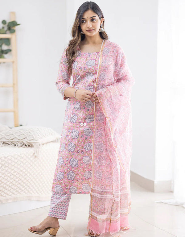 Designer Party Wear Readymade Salwar Suit Pink Cotton Pant Straight Front View