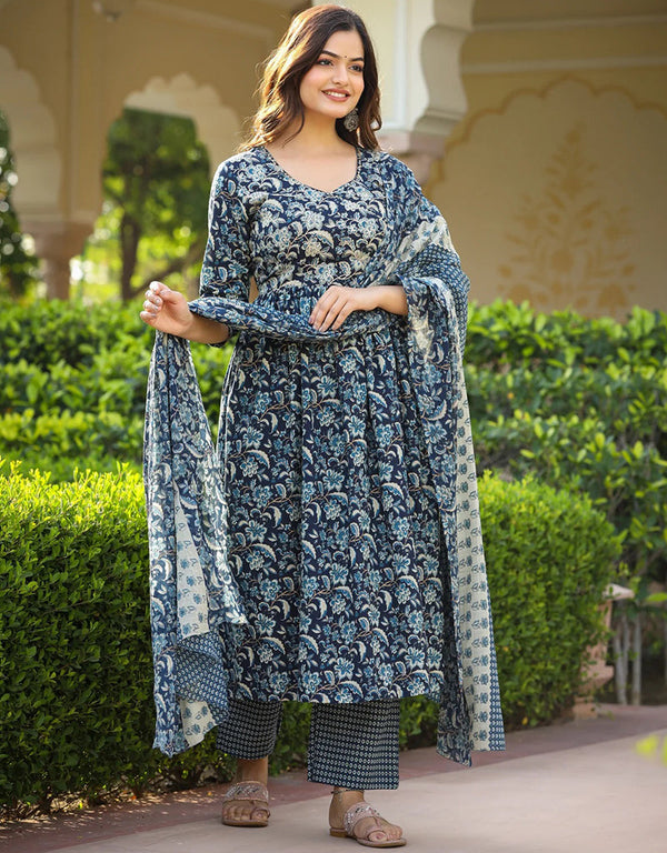 Designer Party Wear Readymade Salwar Suit Navy Blue Cotton Pant Straight Front View