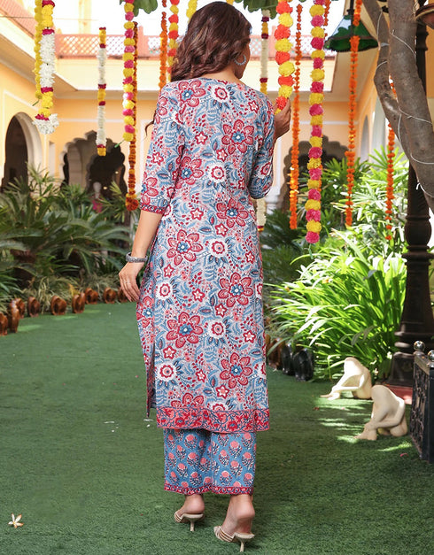 Designer Party Wear Readymade Salwar Suit Pastel Blue Cotton Pant Straight Close-up View