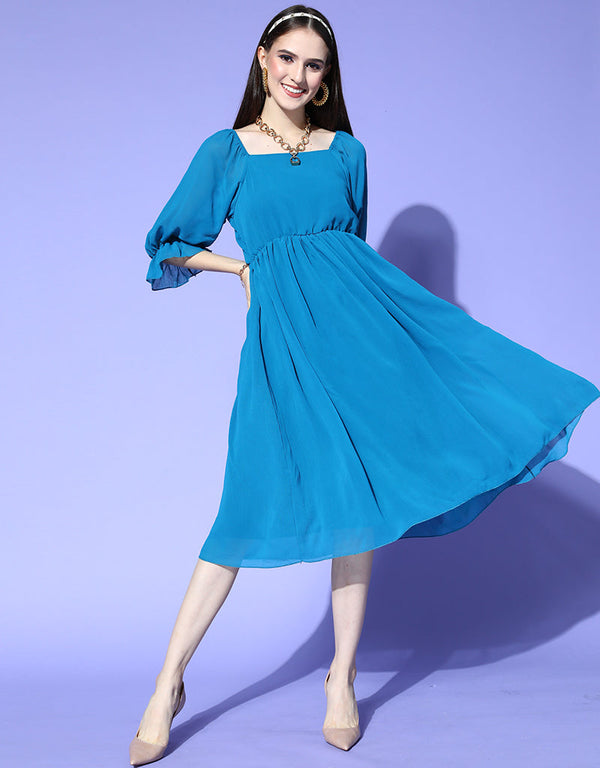 Trendy Party Wear Readymade One Piece Blue Chiffon One Piece Front View