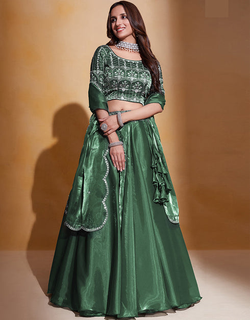 Traditional Function Wear Lehenga Choli Collection Green Organza Silk Lehenga Choli Front View