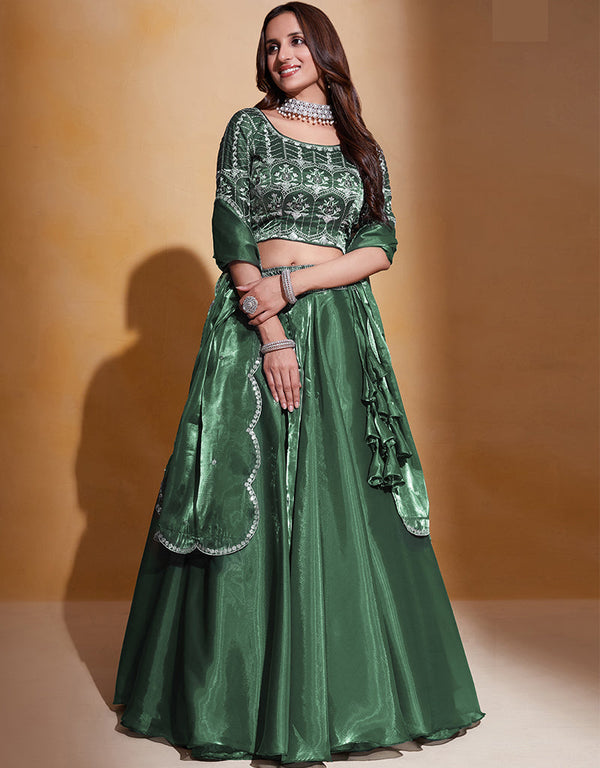 Traditional Function Wear Lehenga Choli Collection Green Organza Silk Lehenga Choli Front View