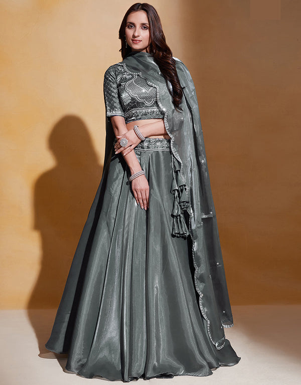 Traditional Function Wear Lehenga Choli Collection Grey Organza Silk Lehenga Choli Front View