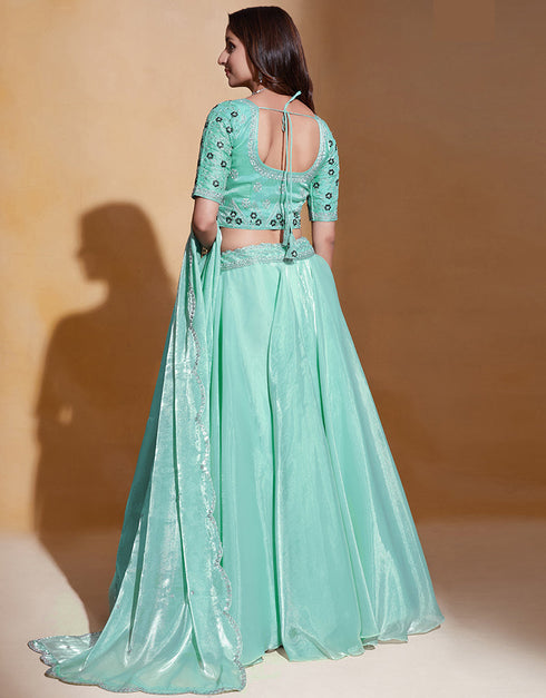 Traditional Function Wear Lehenga Choli Collection Sea Green Organza Silk Lehenga Choli Close-up View
