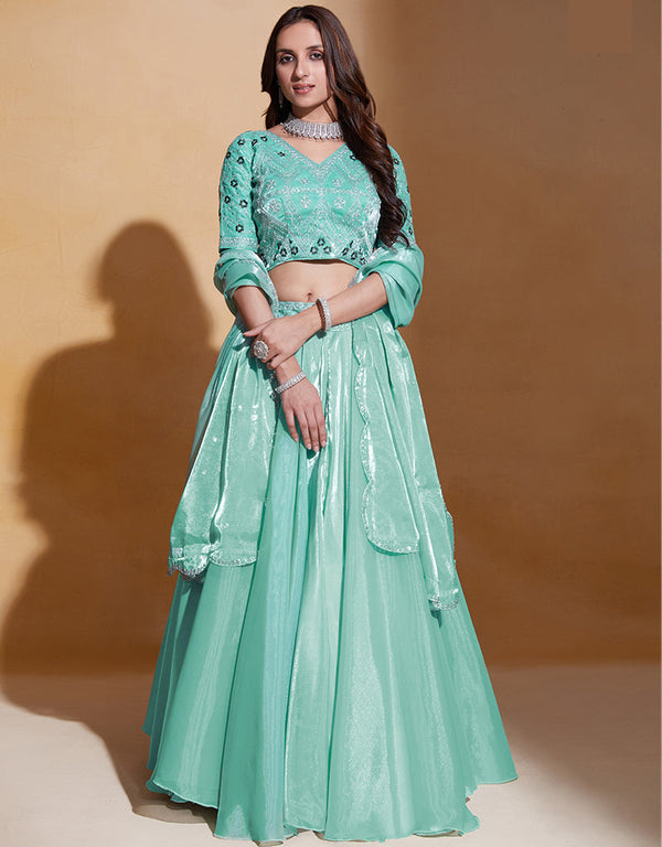 Traditional Function Wear Lehenga Choli Collection Sea Green Organza Silk Lehenga Choli Front View