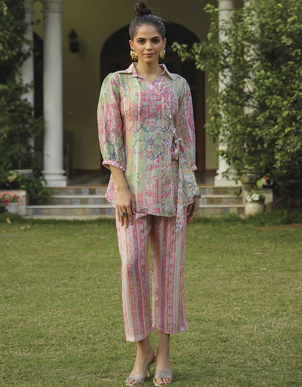 Designer Party Wear Readymade Co-Ord Set Collection Pink Mull Cotton Pant Suit Front View
