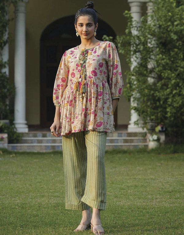 Designer Party Wear Readymade Co-Ord Set Collection Off White Mull Cotton Pant Suit Front View