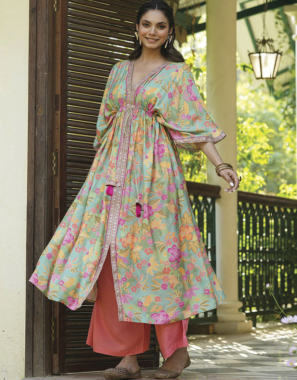 Designer Party Wear Readymade Co-Ord Set Collection Pista Mull Cotton Pant Suit Front View