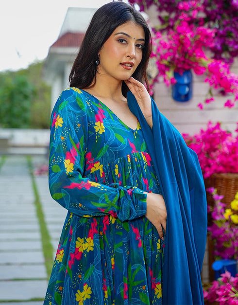 stylish blue muslin designer party wear readymade salwar suit with blue muslin 13534-acy3227 Close-up View