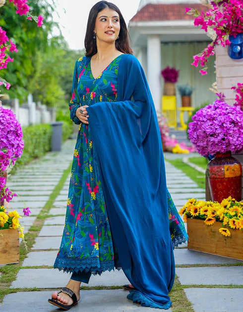 stylish blue muslin designer party wear readymade salwar suit with blue muslin 13534-acy3227 Back View