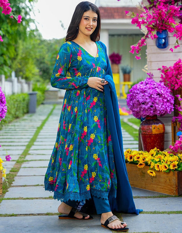 stylish blue muslin designer party wear readymade salwar suit with blue muslin 13534-acy3227 Front View