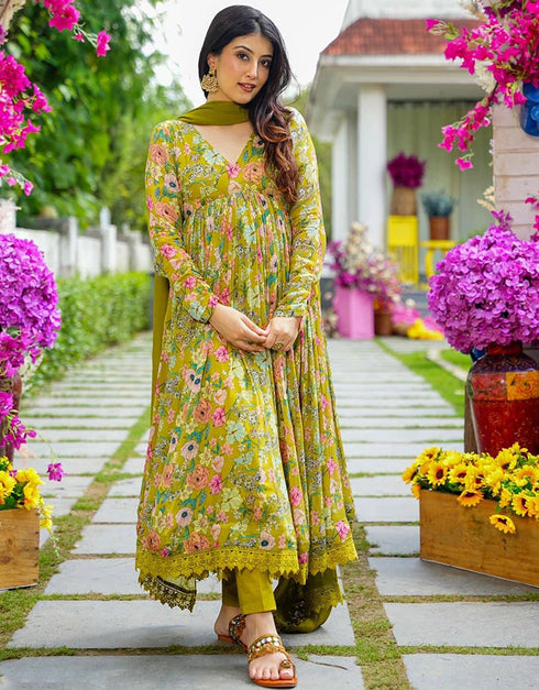chic mahendi muslin designer party wear readymade salwar suit with mahendi muslin 13534-acy3228 Back View