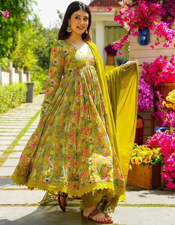 chic mahendi muslin designer party wear readymade salwar suit with mahendi muslin 13534-acy3228 Front View