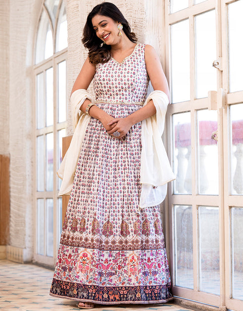 dolla silk trendy designer party wear readymade gown gown with designer printed,mirror work and white dupatta 13538-acy3248 Back View