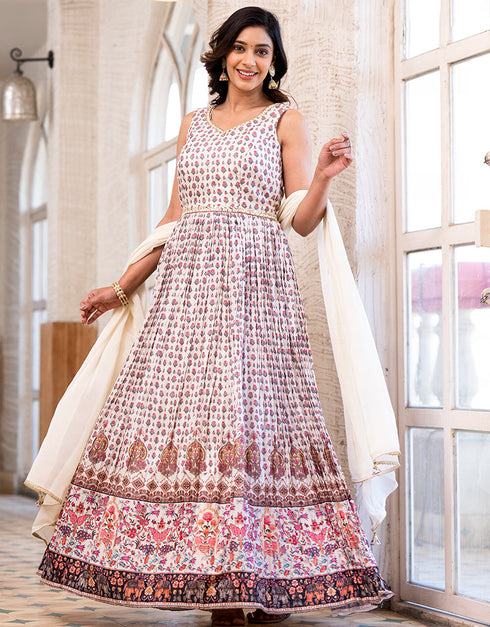 dolla silk trendy designer party wear readymade gown gown with designer printed,mirror work and white dupatta 13538-acy3248 Front View