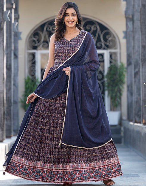 dolla silk trendy designer party wear readymade gown gown with designer printed,mirror work and blue dupatta 13538-acy3249 Back View