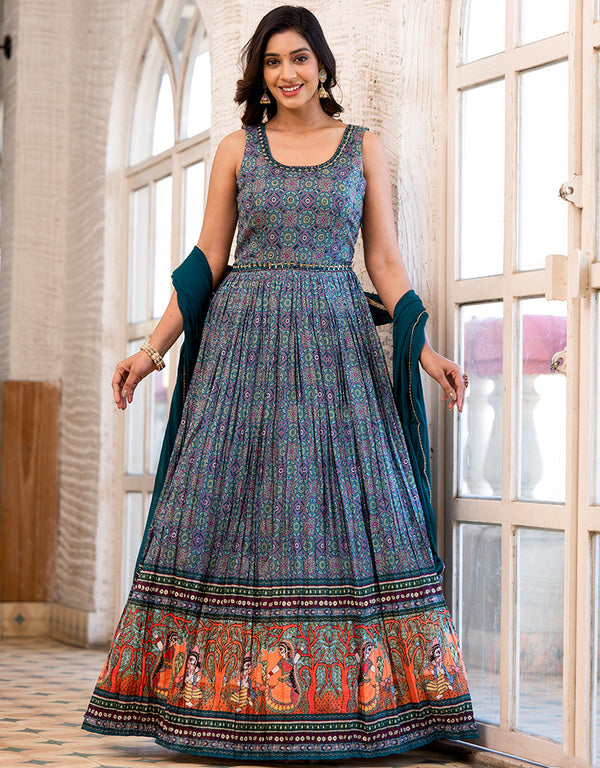 dolla silk trendy designer party wear readymade gown gown with designer printed,mirror work and teal dupatta 13538-acy3250 Front View