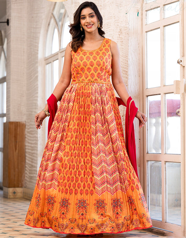 dolla silk trendy designer party wear readymade gown gown with designer printed,mirror work and red dupatta 13538-acy3251 Front View