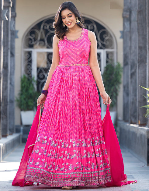 dolla silk trendy designer party wear readymade gown gown with designer printed,mirror work and pink dupatta 13538-acy3252 Front View