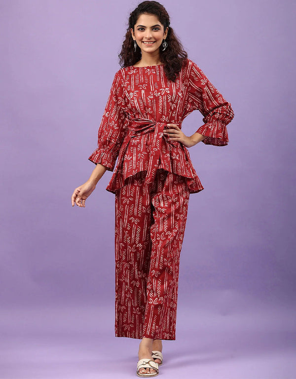 glamorous maroon cotton blend beautiful readymade co-ord top with bottom set suit design pant 13546-acy3291 Front View