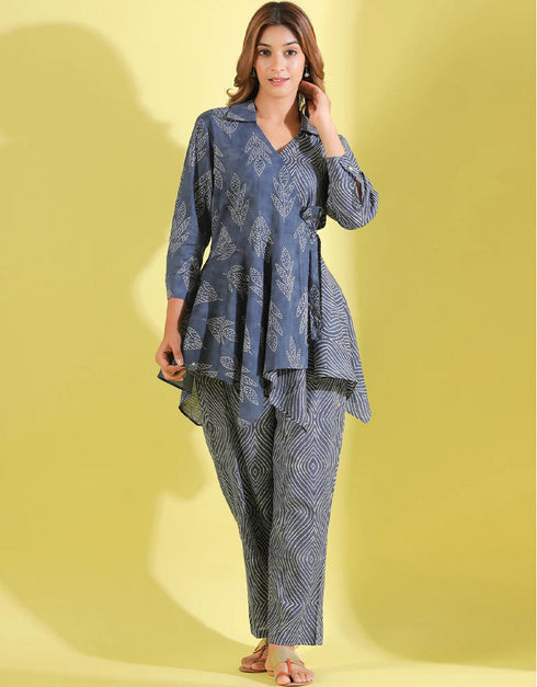 contemporary blue cotton blend beautiful readymade co-ord top with bottom set suit design pant 13546-acy3292 Front View
