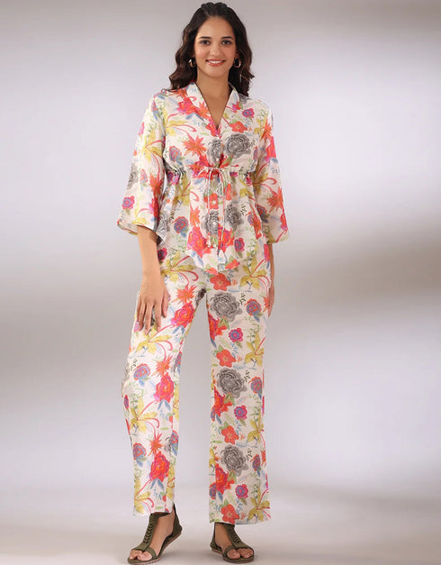 classy off white cotton blend beautiful readymade co-ord top with bottom set suit design pant 13546-acy3293 Front View