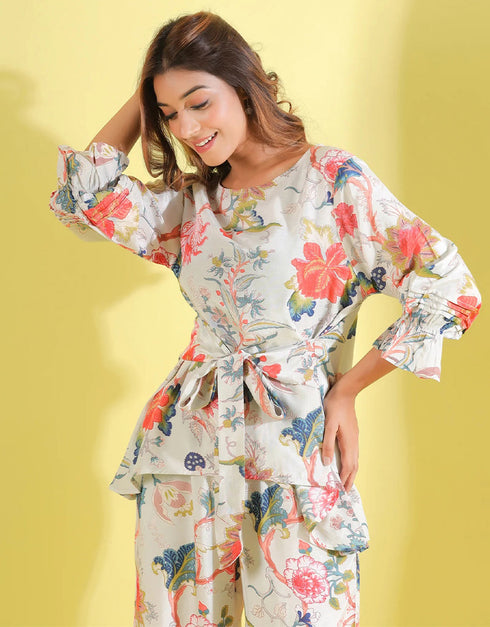 chic off white cotton blend beautiful readymade co-ord top with bottom set suit design pant 13546-acy3295 Back View