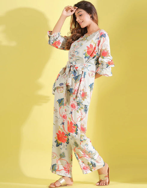 chic off white cotton blend beautiful readymade co-ord top with bottom set suit design pant 13546-acy3295 Side View