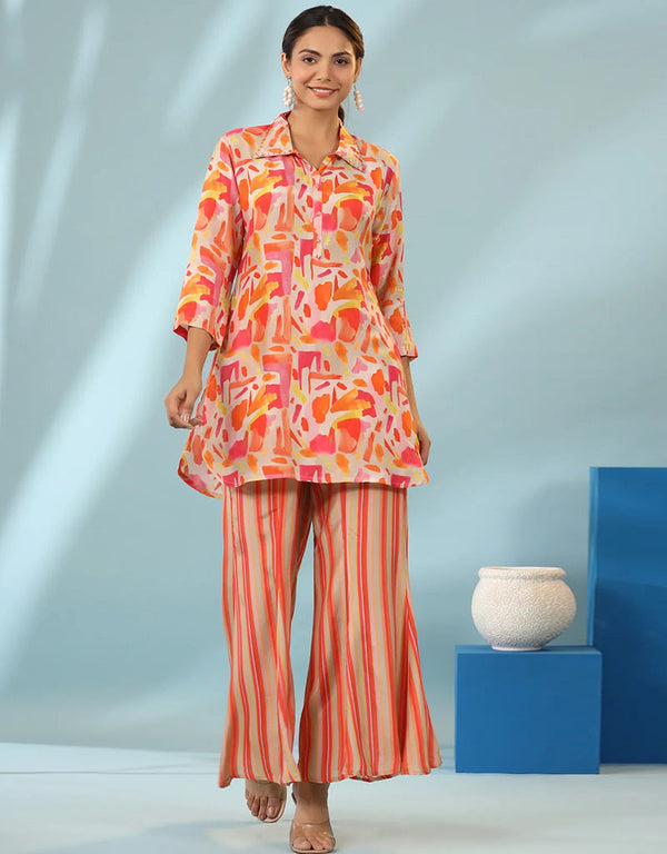 trendy orange cotton blend beautiful readymade co-ord top with bottom set suit design pant 13546-acy3296 Front View